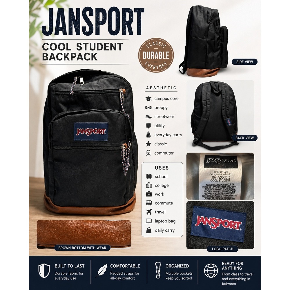 JanSport Backpack Black Brown Unisex 34L Cool Student Laptop School College